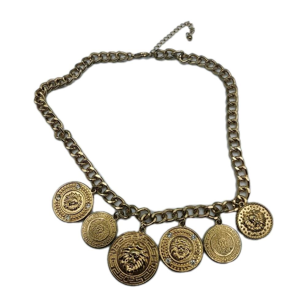 Vintage Gold Tone Faux Old Coin Design Necklace Unmarked 17” Chain & 3” Extender